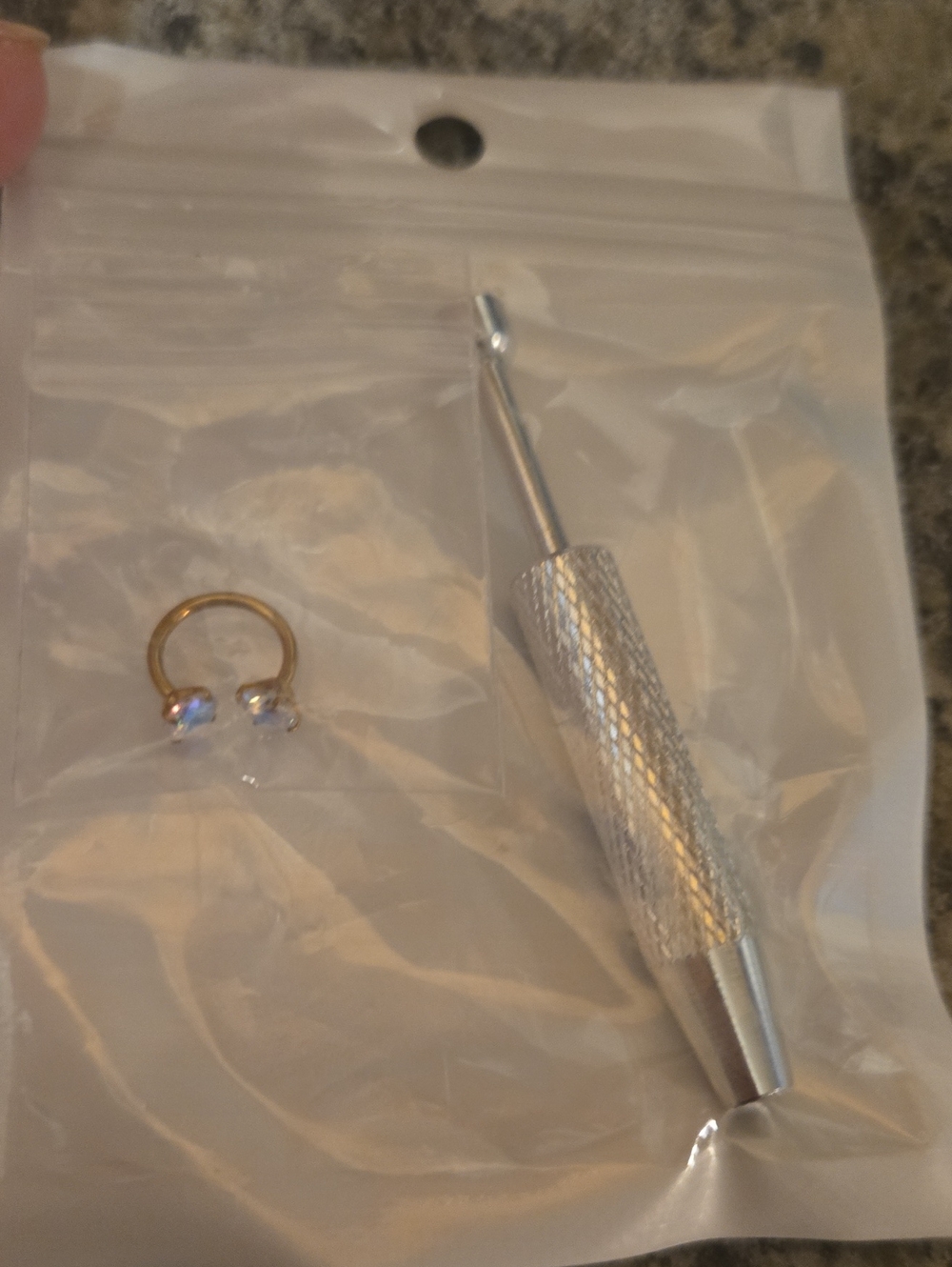 Gold-Tone Circular Septum Ring with Aura Gem Ends & Removal Tool